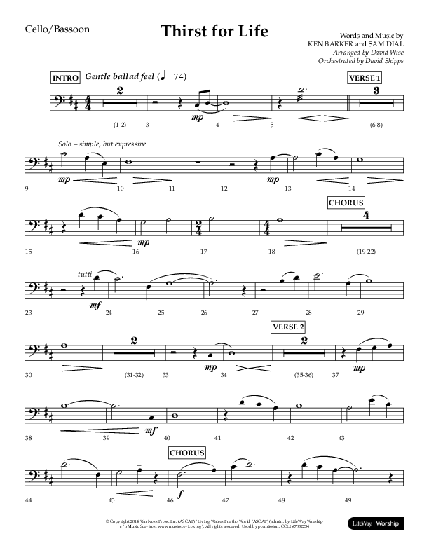 Thirst For Life (Choral Anthem SATB) Cello (Lifeway Choral / Arr. David Wise / Orch. David Shipps)