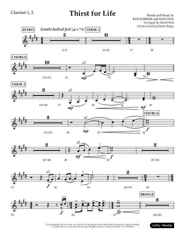 Thirst For Life (Choral Anthem SATB) Clarinet 1/2 (Lifeway Choral / Arr. David Wise / Orch. David Shipps)