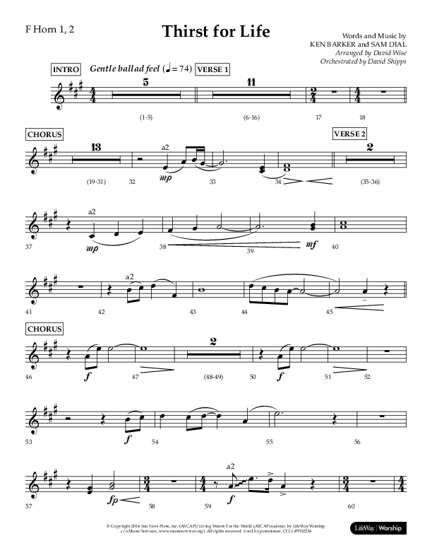 Thirst For Life (Choral Anthem SATB) French Horn 1/2 (Lifeway Choral / Arr. David Wise / Orch. David Shipps)