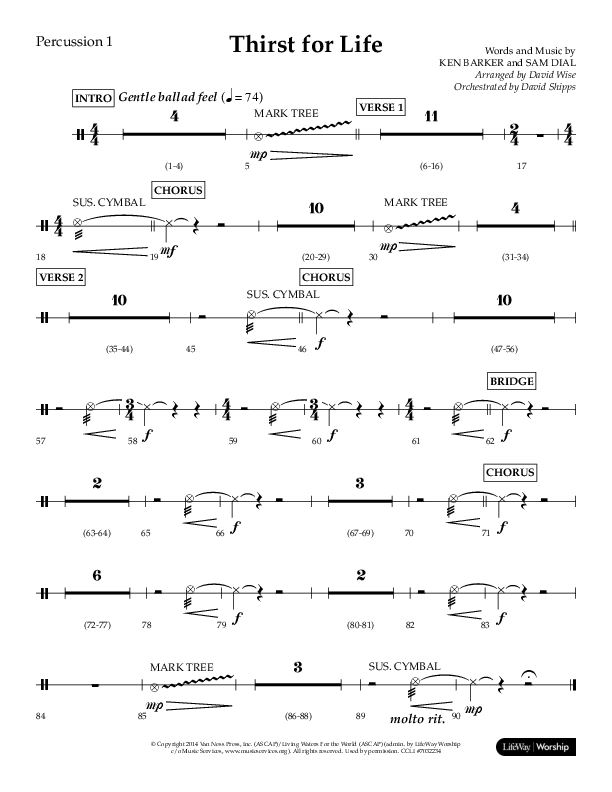 Thirst For Life (Choral Anthem SATB) Percussion 1/2 (Lifeway Choral / Arr. David Wise / Orch. David Shipps)