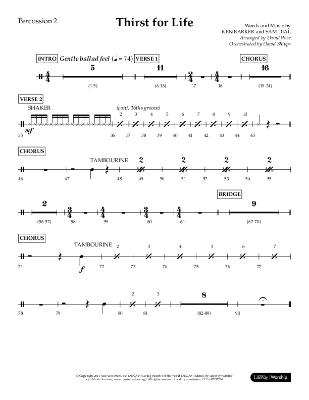 Thirst For Life (Choral Anthem SATB) Percussion 1/2 (Lifeway Choral / Arr. David Wise / Orch. David Shipps)