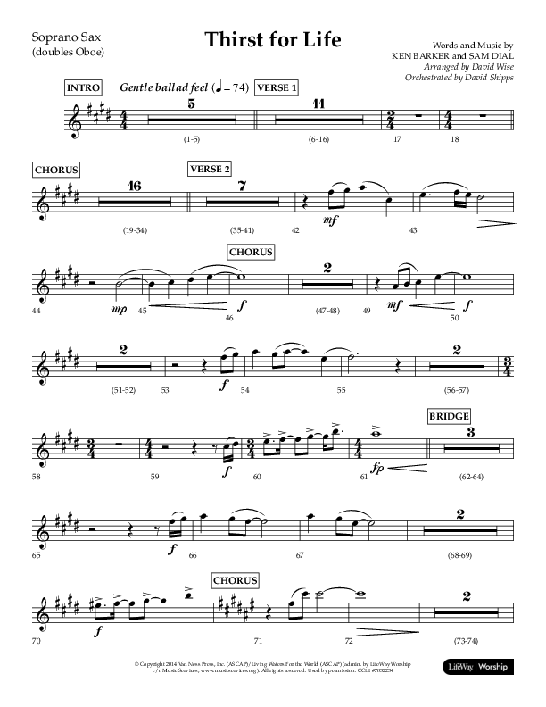 Thirst For Life (Choral Anthem SATB) Soprano Sax (Lifeway Choral / Arr. David Wise / Orch. David Shipps)