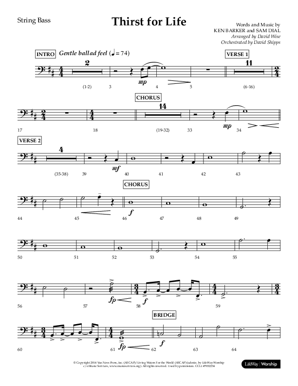 Thirst For Life (Choral Anthem SATB) String Bass (Lifeway Choral / Arr. David Wise / Orch. David Shipps)