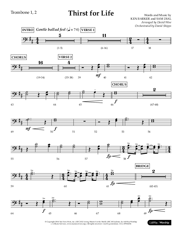 Thirst For Life (Choral Anthem SATB) Trombone 1/2 (Lifeway Choral / Arr. David Wise / Orch. David Shipps)