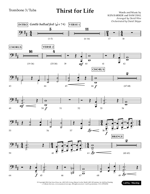 Thirst For Life (Choral Anthem SATB) Trombone 3/Tuba (Lifeway Choral / Arr. David Wise / Orch. David Shipps)
