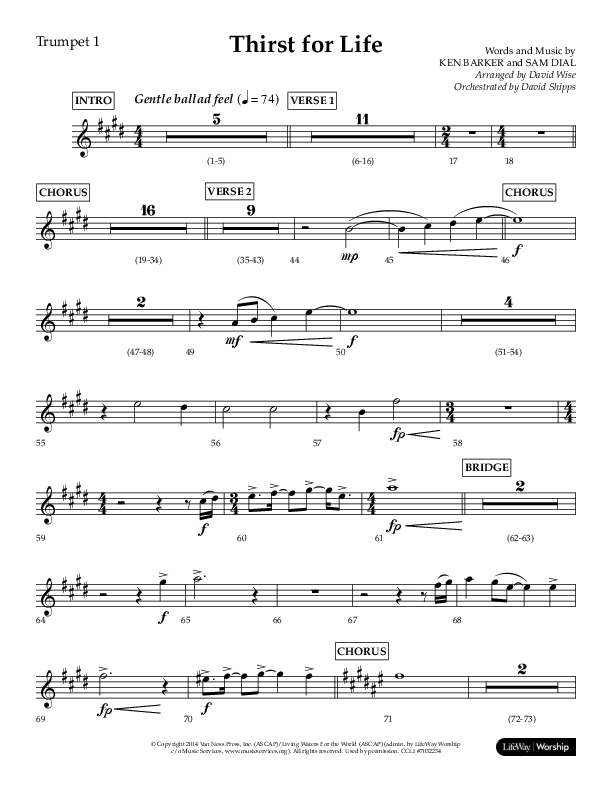 Thirst For Life (Choral Anthem SATB) Trumpet 1 (Lifeway Choral / Arr. David Wise / Orch. David Shipps)