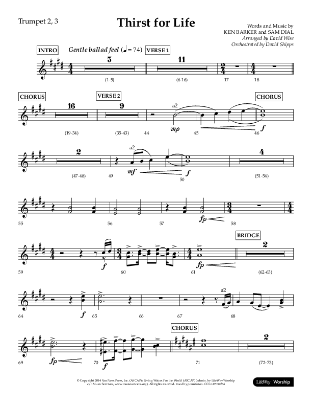 Thirst For Life (Choral Anthem SATB) Trumpet 2/3 (Lifeway Choral / Arr. David Wise / Orch. David Shipps)