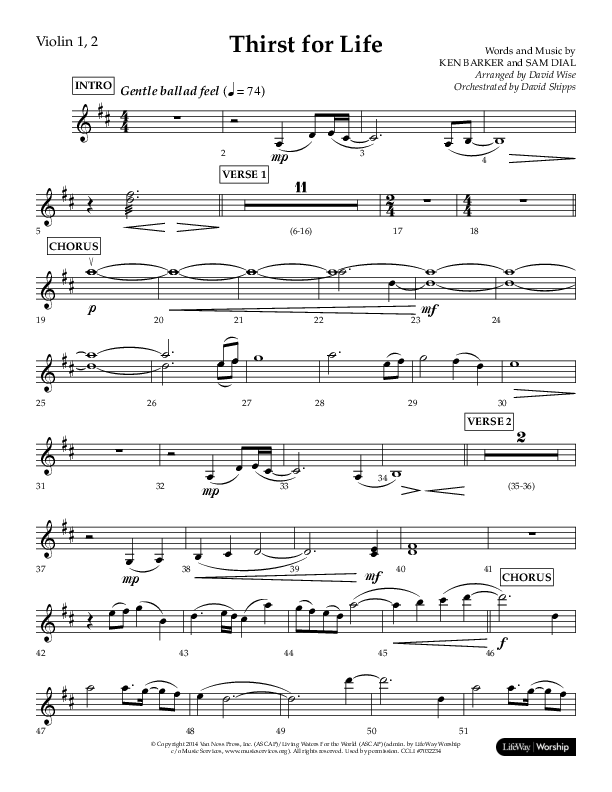 Thirst For Life (Choral Anthem SATB) Violin 1/2 (Lifeway Choral / Arr. David Wise / Orch. David Shipps)