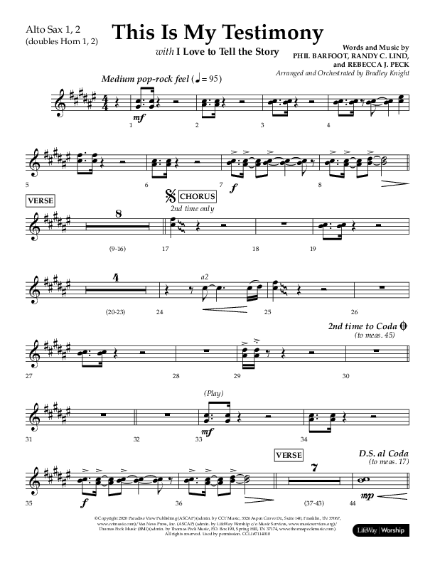This Is My Testimony with I Love To Tell The Story (Choral Anthem SATB) Alto Sax 1/2 (Lifeway Choral / Arr. Bradley Knight)