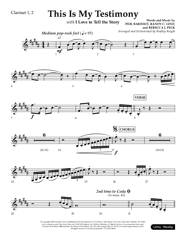This Is My Testimony with I Love To Tell The Story (Choral Anthem SATB) Clarinet 1/2 (Lifeway Choral / Arr. Bradley Knight)