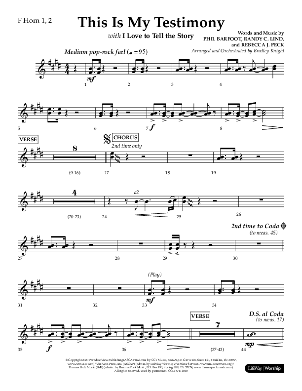 This Is My Testimony with I Love To Tell The Story (Choral Anthem SATB) French Horn 1/2 (Lifeway Choral / Arr. Bradley Knight)