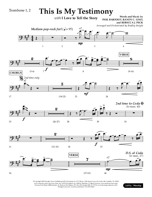 This Is My Testimony with I Love To Tell The Story (Choral Anthem SATB) Trombone 1/2 (Lifeway Choral / Arr. Bradley Knight)
