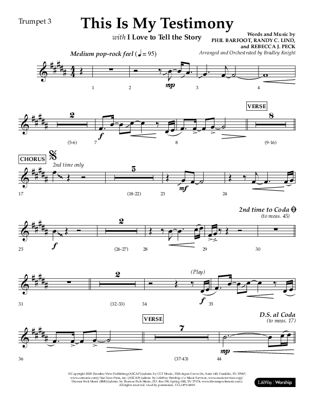 This Is My Testimony with I Love To Tell The Story (Choral Anthem SATB) Trumpet 3 (Lifeway Choral / Arr. Bradley Knight)