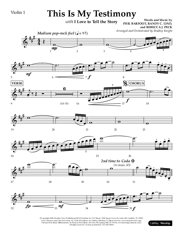 This Is My Testimony with I Love To Tell The Story (Choral Anthem SATB) Violin 1 (Lifeway Choral / Arr. Bradley Knight)