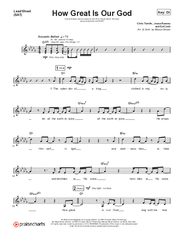 How Great Is Our God (Choral Anthem SATB) Lead Sheet (SAT) (Chris Tomlin / Arr. Mason Brown)