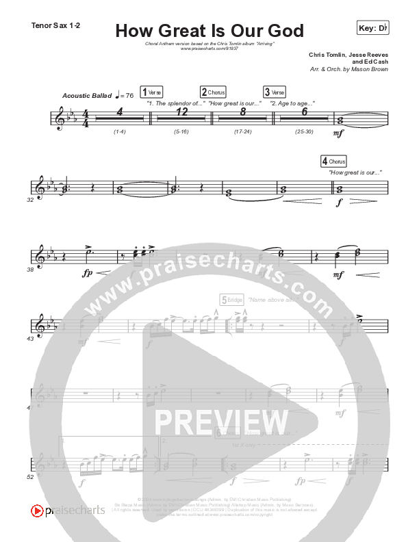 How Great Is Our God (Choral Anthem SATB) Tenor Sax 1,2 (Chris Tomlin / Arr. Mason Brown)