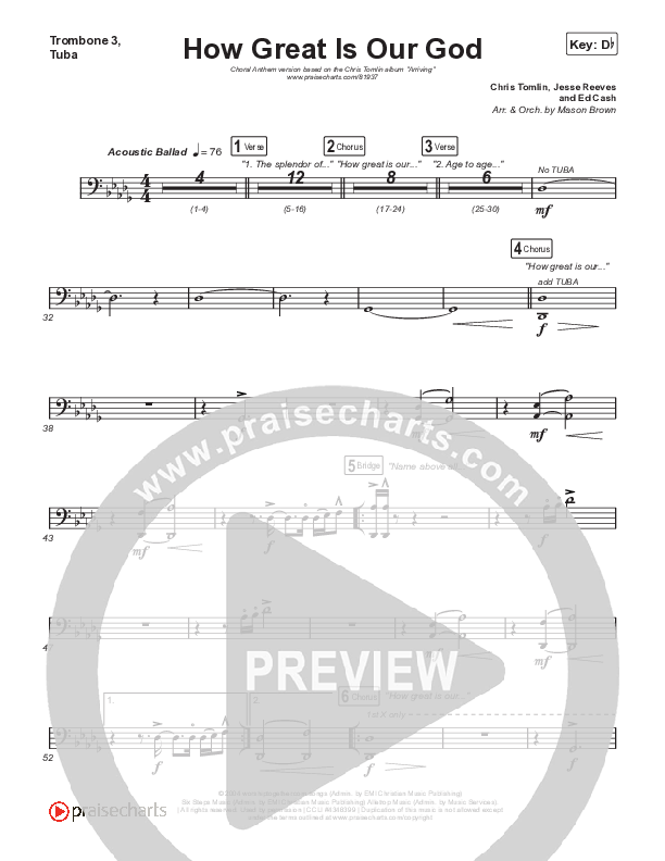 How Great Is Our God (Choral Anthem SATB) Trombone 3/Tuba (Chris Tomlin / Arr. Mason Brown)