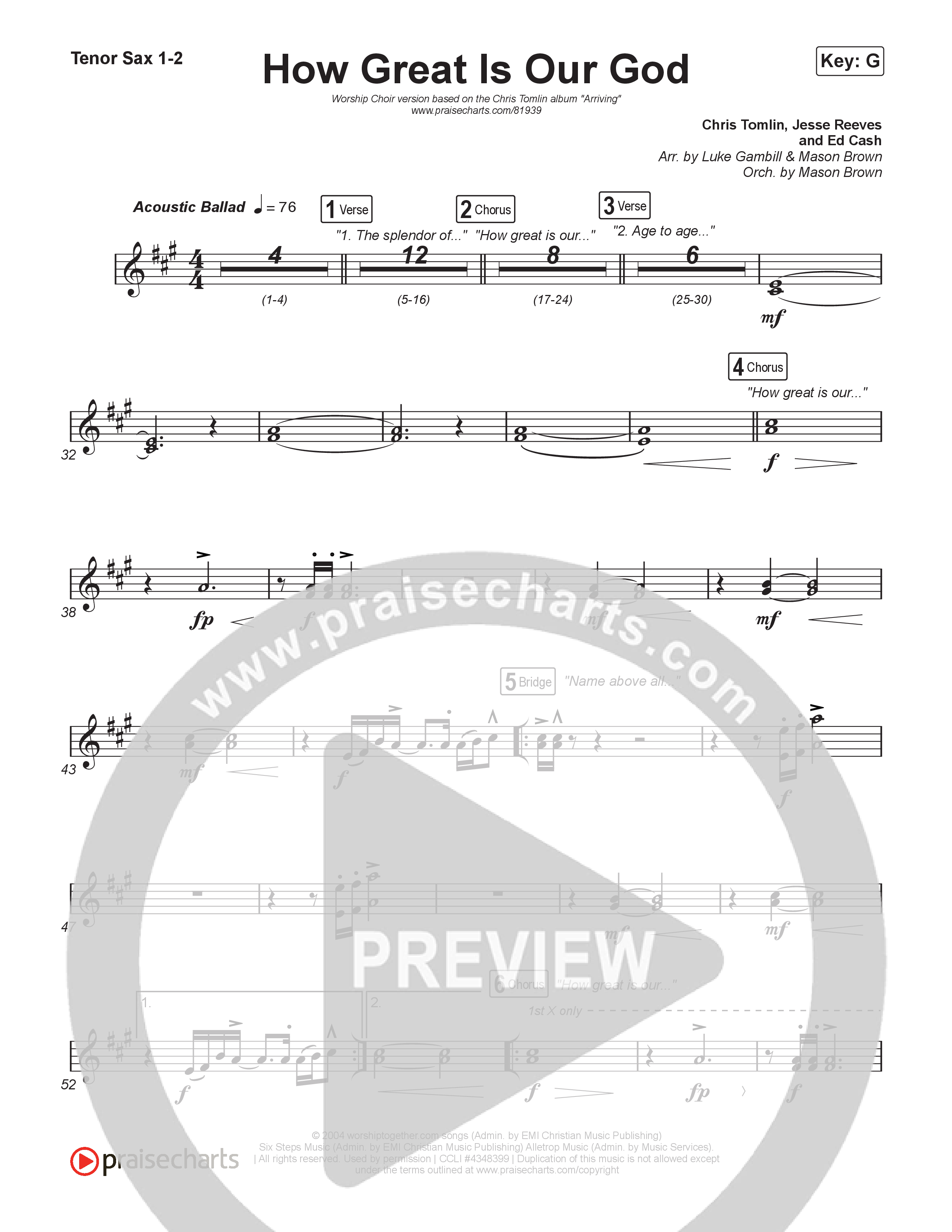 How Great Is Our God (Worship Choir/SAB) Tenor Sax 1/2 (Chris Tomlin / Arr. Luke Gambill / Orch. Mason Brown)