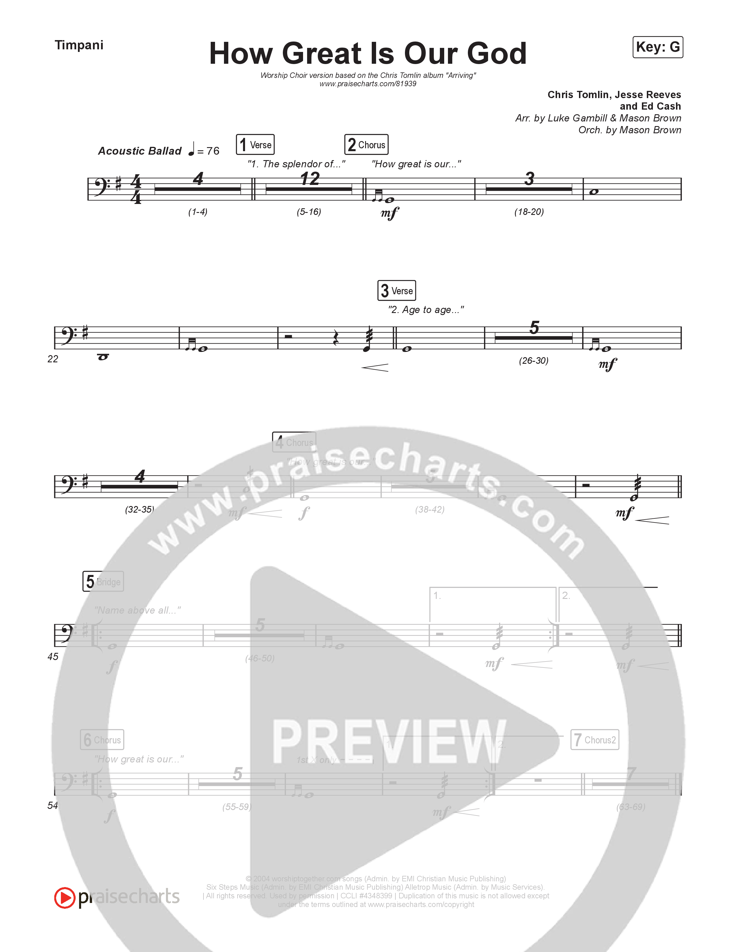How Great Is Our God (Worship Choir/SAB) Timpani (Chris Tomlin / Arr. Luke Gambill / Orch. Mason Brown)