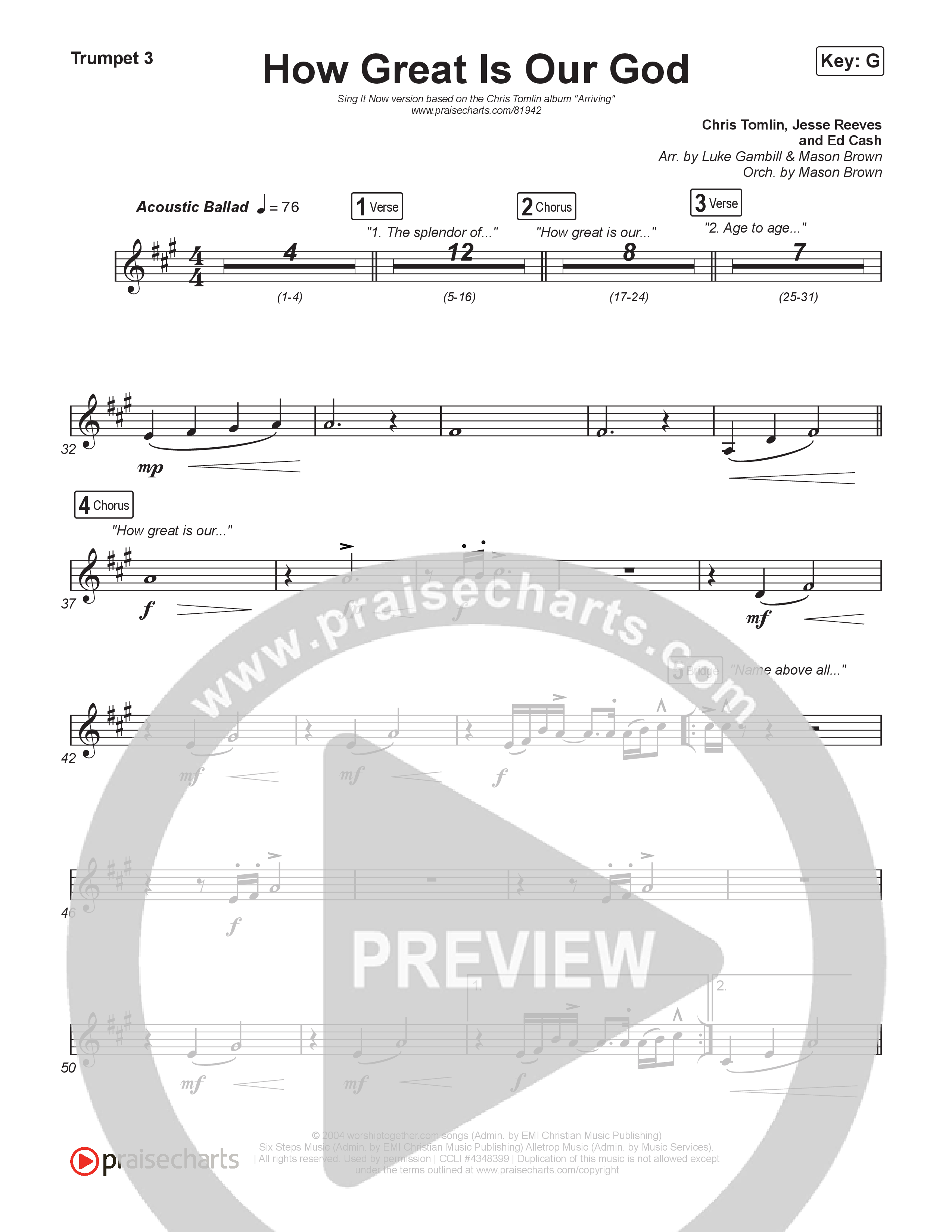 How Great Is Our God (Sing It Now) Trumpet 3 (Chris Tomlin / Arr. Luke Gambill / Orch. Mason Brown)