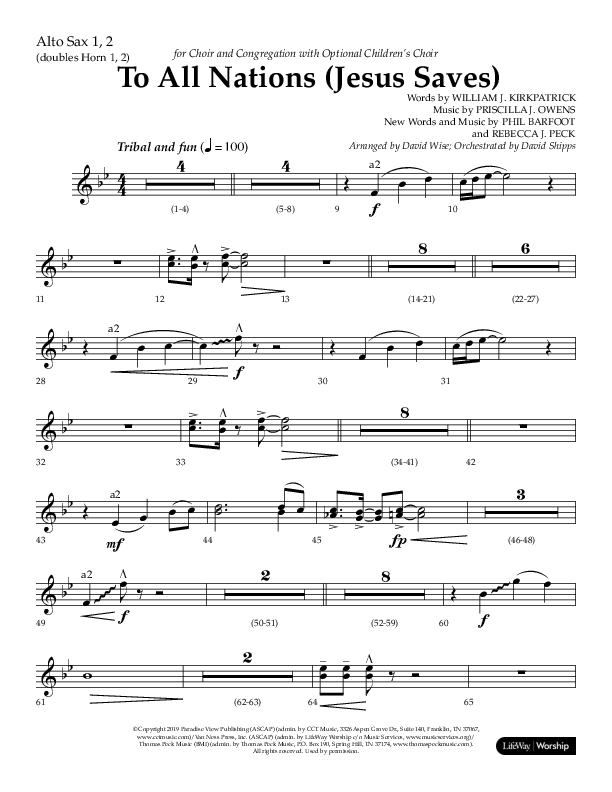 To All Nations (Jesus Saves) (Choral Anthem SATB) Alto Sax 1/2 (Lifeway Choral / Arr. David Wise / Orch. David Shipps)