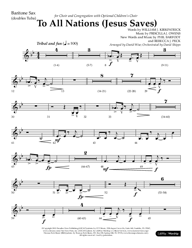 To All Nations (Jesus Saves) (Choral Anthem SATB) Bari Sax (Lifeway Choral / Arr. David Wise / Orch. David Shipps)