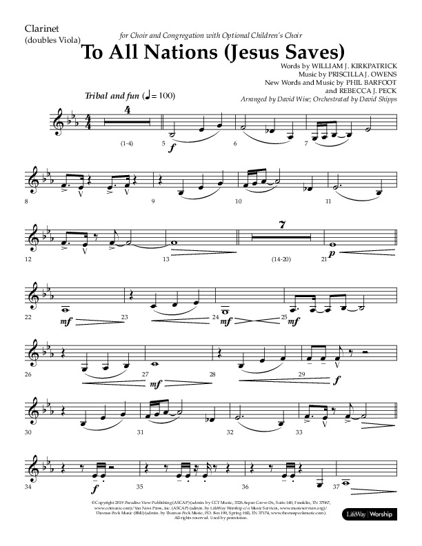 To All Nations (Jesus Saves) (Choral Anthem SATB) Clarinet (Lifeway Choral / Arr. David Wise / Orch. David Shipps)
