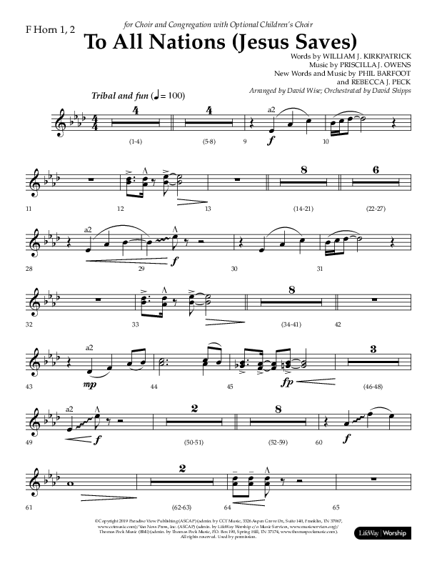 To All Nations (Jesus Saves) (Choral Anthem SATB) French Horn 1/2 (Lifeway Choral / Arr. David Wise / Orch. David Shipps)