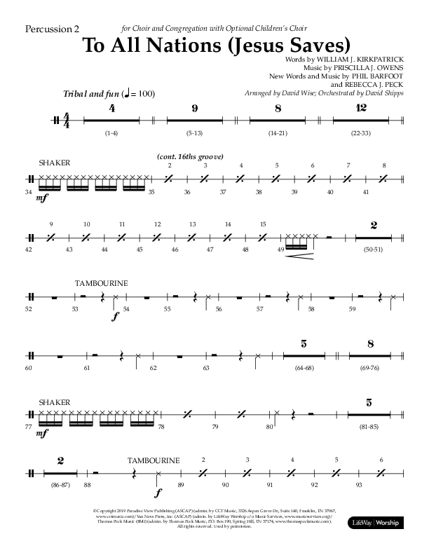 To All Nations (Jesus Saves) (Choral Anthem SATB) Percussion 1/2 (Lifeway Choral / Arr. David Wise / Orch. David Shipps)