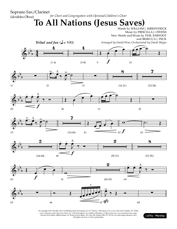 To All Nations (Jesus Saves) (Choral Anthem SATB) Soprano Sax (Lifeway Choral / Arr. David Wise / Orch. David Shipps)