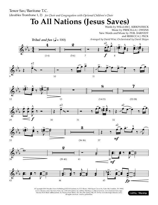 To All Nations (Jesus Saves) (Choral Anthem SATB) Tenor Sax/Baritone T.C. (Lifeway Choral / Arr. David Wise / Orch. David Shipps)