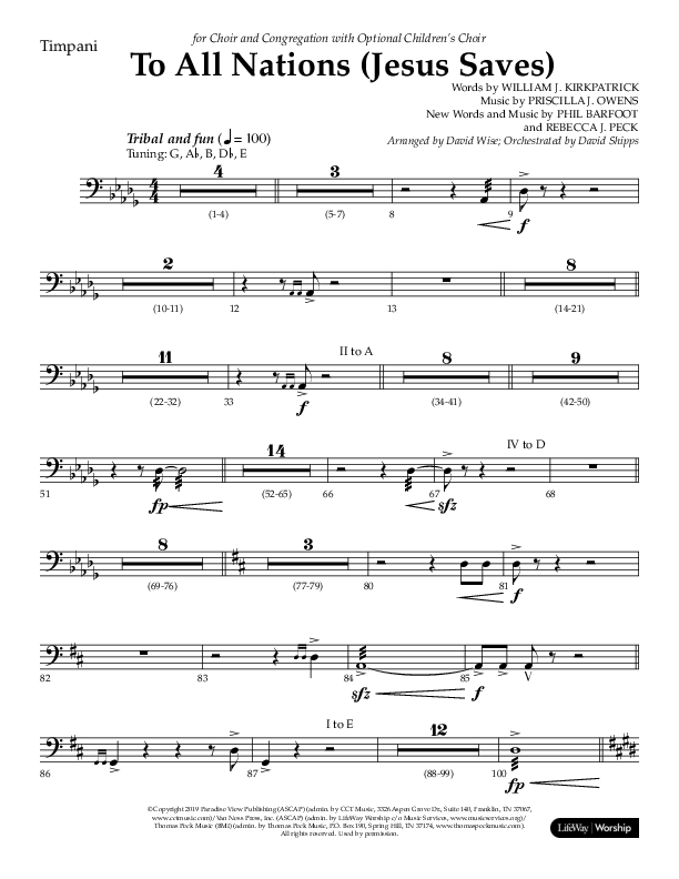 To All Nations (Jesus Saves) (Choral Anthem SATB) Timpani (Lifeway Choral / Arr. David Wise / Orch. David Shipps)