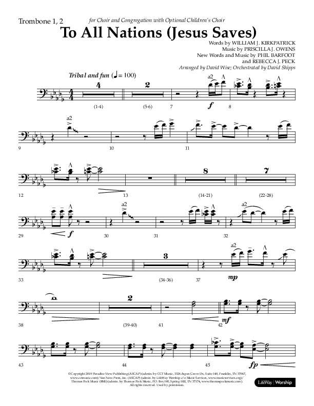 To All Nations (Jesus Saves) (Choral Anthem SATB) Trombone 1/2 (Lifeway Choral / Arr. David Wise / Orch. David Shipps)