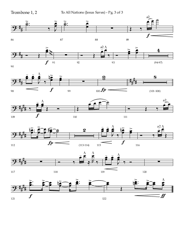 To All Nations (Jesus Saves) (Choral Anthem SATB) Trombone 1/2 (Lifeway Choral / Arr. David Wise / Orch. David Shipps)