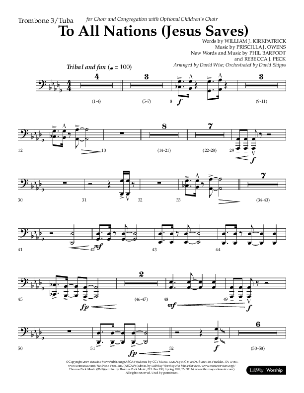 To All Nations (Jesus Saves) (Choral Anthem SATB) Trombone 3/Tuba (Lifeway Choral / Arr. David Wise / Orch. David Shipps)