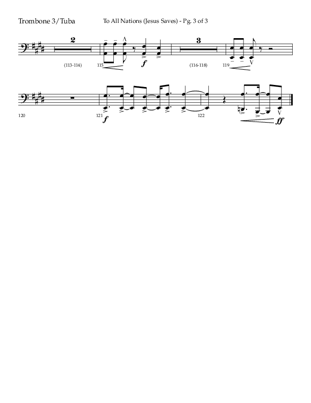 To All Nations (Jesus Saves) (Choral Anthem SATB) Trombone 3/Tuba (Lifeway Choral / Arr. David Wise / Orch. David Shipps)