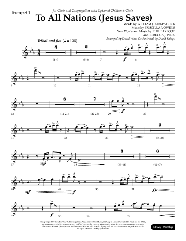 To All Nations (Jesus Saves) (Choral Anthem SATB) Trumpet 1 (Lifeway Choral / Arr. David Wise / Orch. David Shipps)