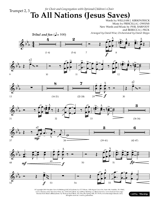 To All Nations (Jesus Saves) (Choral Anthem SATB) Trumpet 2/3 (Lifeway Choral / Arr. David Wise / Orch. David Shipps)