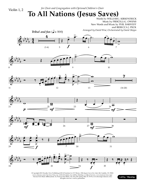 To All Nations (Jesus Saves) (Choral Anthem SATB) Violin 1/2 (Lifeway Choral / Arr. David Wise / Orch. David Shipps)