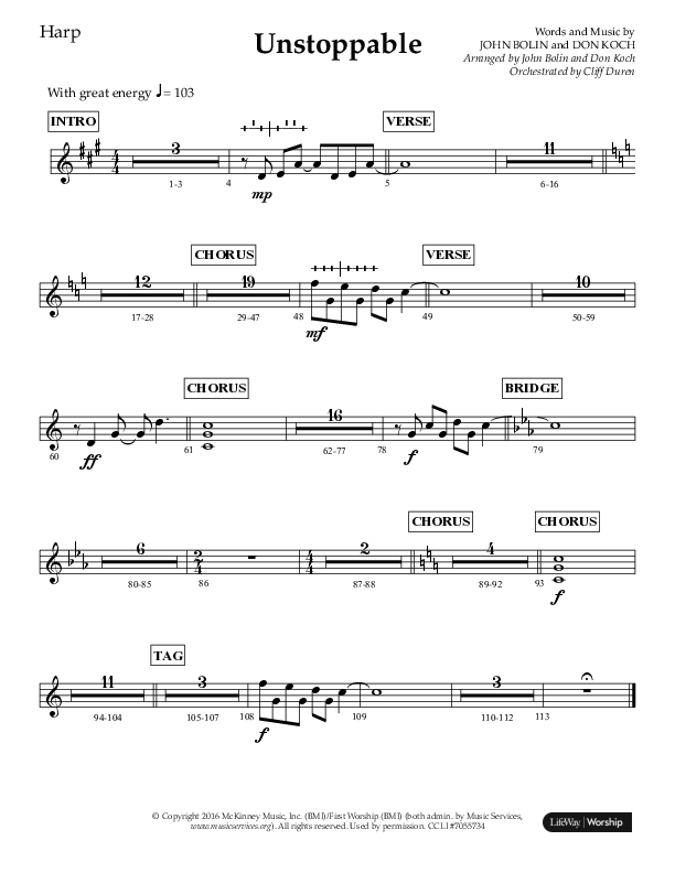 Unstoppable (Choral Anthem SATB) Harp (Lifeway Choral / Arr. John Bolin / Arr. Don Koch / Orch. Cliff Duren)