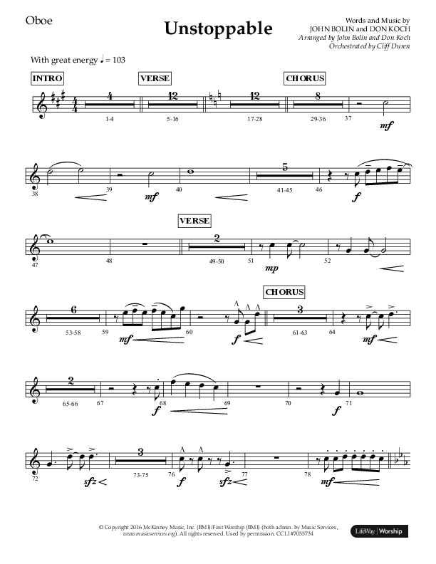 Unstoppable (Choral Anthem SATB) Oboe (Lifeway Choral / Arr. John Bolin / Arr. Don Koch / Orch. Cliff Duren)