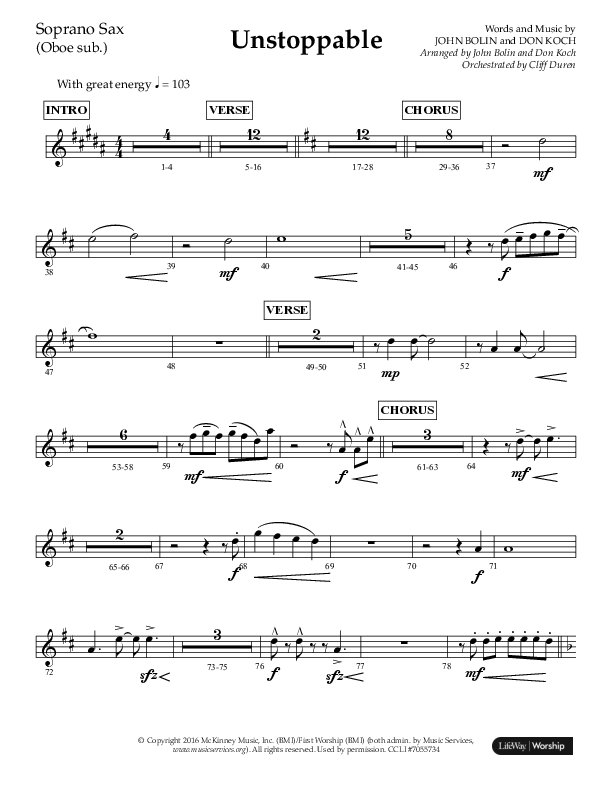 Unstoppable (Choral Anthem SATB) Soprano Sax (Lifeway Choral / Arr. John Bolin / Arr. Don Koch / Orch. Cliff Duren)
