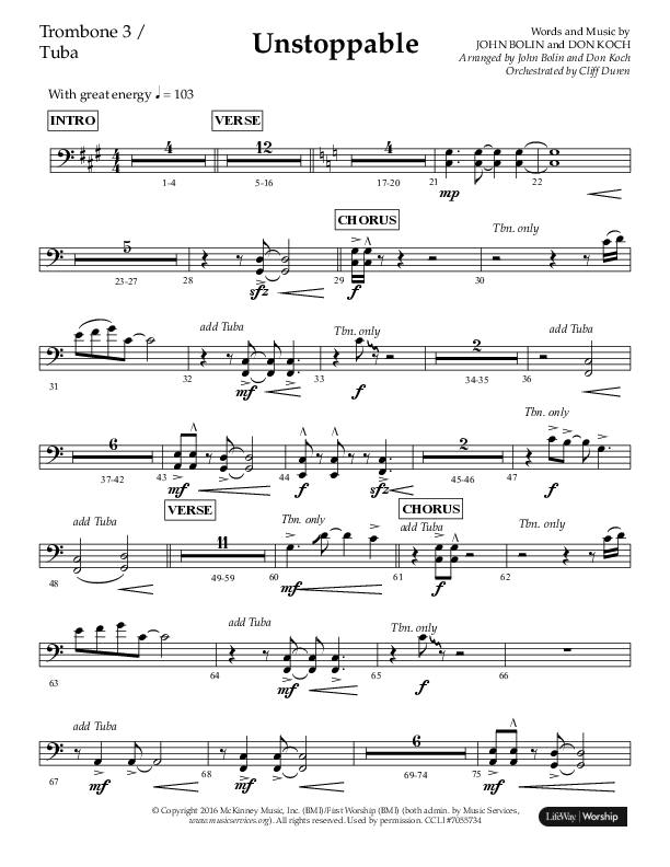 Unstoppable (Choral Anthem SATB) Trombone 3/Tuba (Lifeway Choral / Arr. John Bolin / Arr. Don Koch / Orch. Cliff Duren)