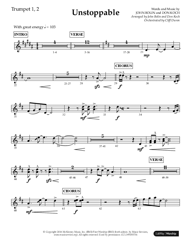 Unstoppable (Choral Anthem SATB) Trumpet 1,2 (Lifeway Choral / Arr. John Bolin / Arr. Don Koch / Orch. Cliff Duren)