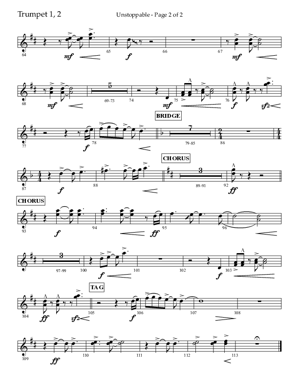 Unstoppable (Choral Anthem SATB) Trumpet 1,2 (Lifeway Choral / Arr. John Bolin / Arr. Don Koch / Orch. Cliff Duren)