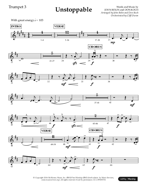 Unstoppable (Choral Anthem SATB) Trumpet 3 (Lifeway Choral / Arr. John Bolin / Arr. Don Koch / Orch. Cliff Duren)
