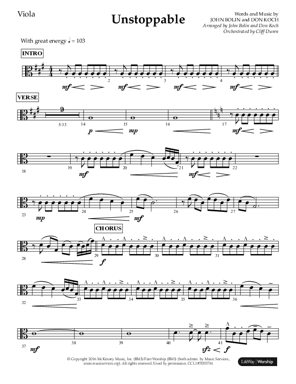Unstoppable (Choral Anthem SATB) Viola (Lifeway Choral / Arr. John Bolin / Arr. Don Koch / Orch. Cliff Duren)