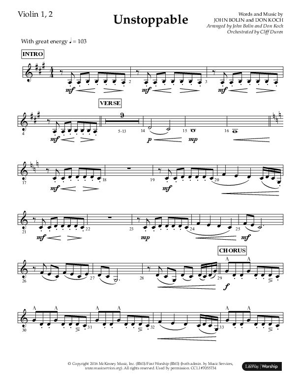 Unstoppable (Choral Anthem SATB) Violin 1/2 (Lifeway Choral / Arr. John Bolin / Arr. Don Koch / Orch. Cliff Duren)