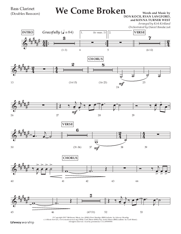 We Come Broken (Choral Anthem SATB) Bass Clarinet (Lifeway Choral / Arr. Kirk Kirkland / Orch. Daniel Boundaczuk)