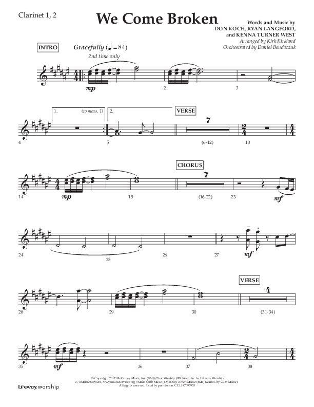 We Come Broken (Choral Anthem SATB) Clarinet 1/2 (Lifeway Choral / Arr. Kirk Kirkland / Orch. Daniel Boundaczuk)